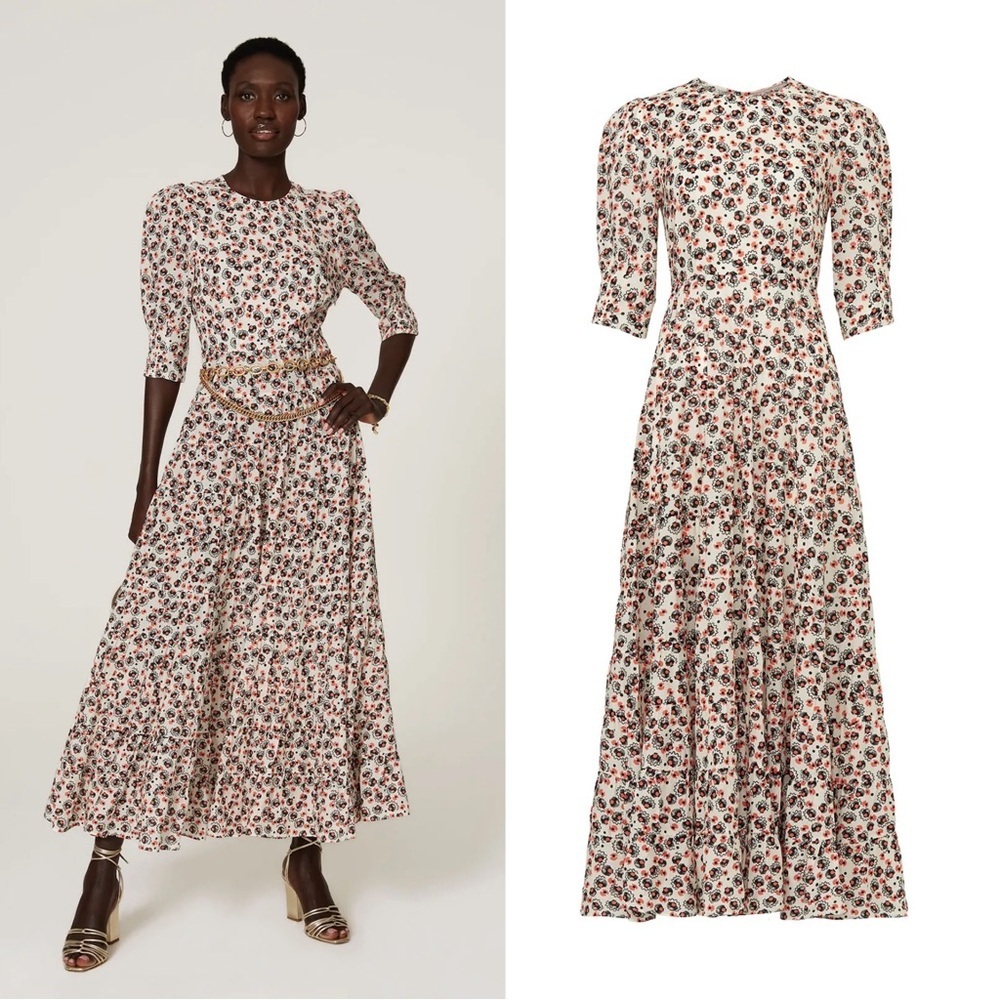 RIXO • Kristen Dress maxi rayon floral Shell Squiggle Coral puff sleeve tiered